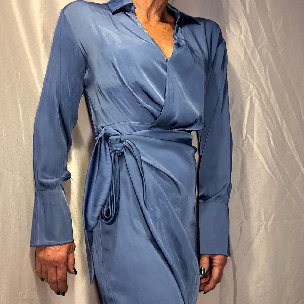 Elegant Blue Satin Dress in Periwinkle. Made by Mustard Seed. Size S.